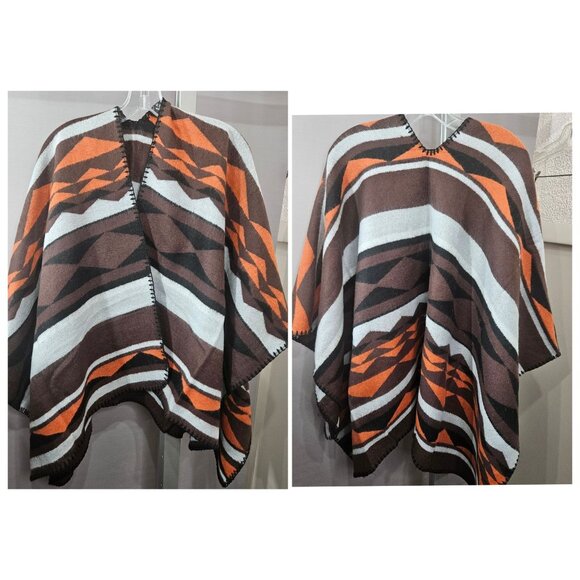 Old Navy Shawl Poncho Open Sweater Cashmere Blend Knit Western Striped Geometric - Picture 1 of 10